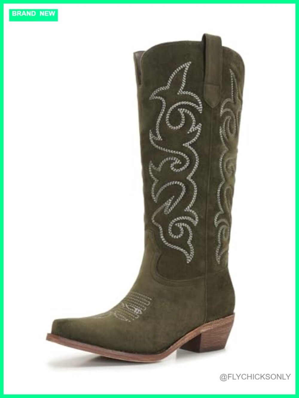 Womens Knee High Western Cowboy Boots Faux Suede Floral Embroidered Block Heel